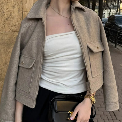 Women's Cropped Zip Bomber Jacket — Khaki