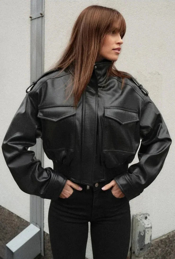 Women's Biker Style Zip Jacket — Green