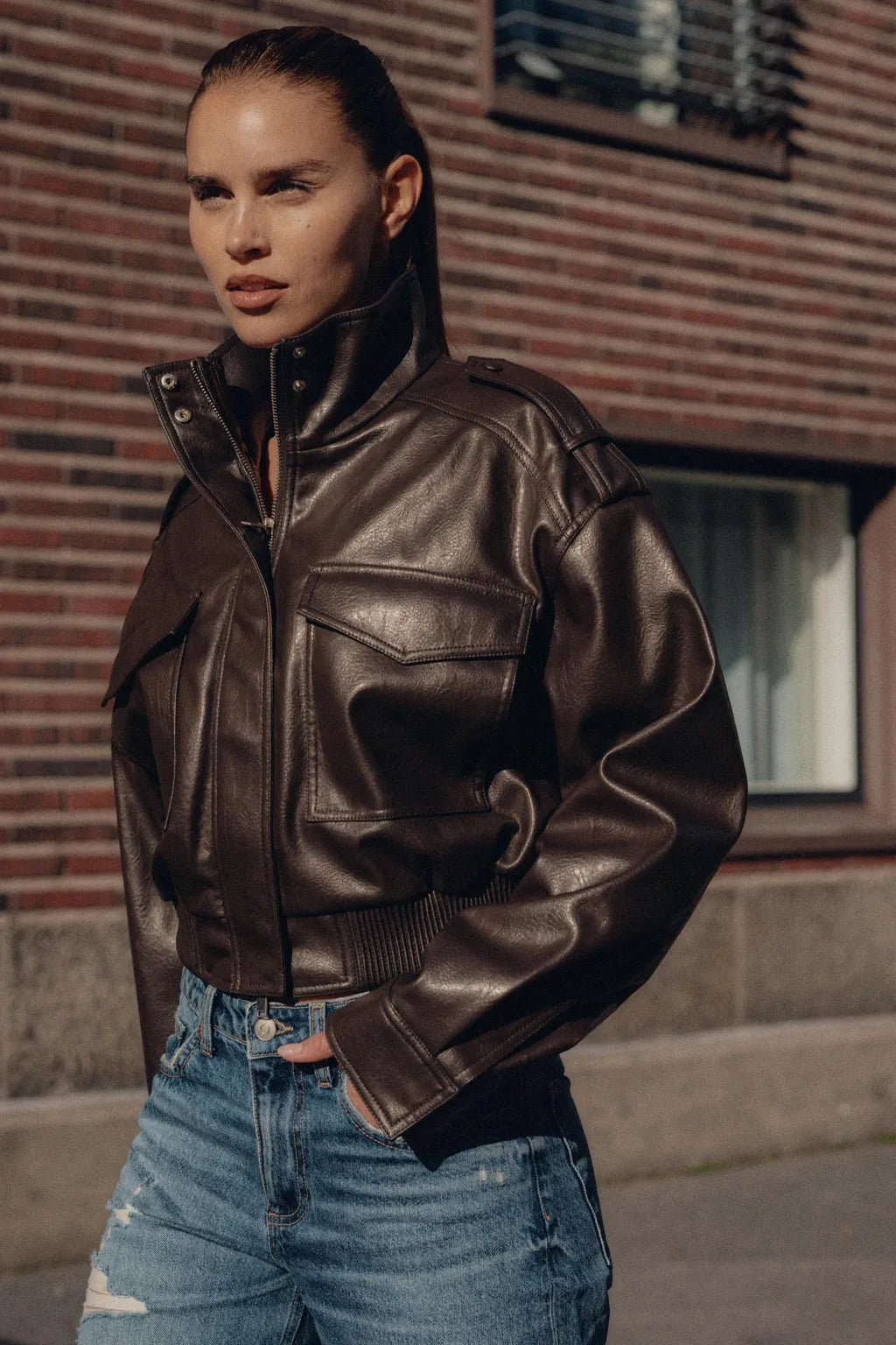 Women's Biker Style Zip Jacket — Green