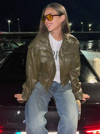 Women's Biker Style Zip Jacket — Green