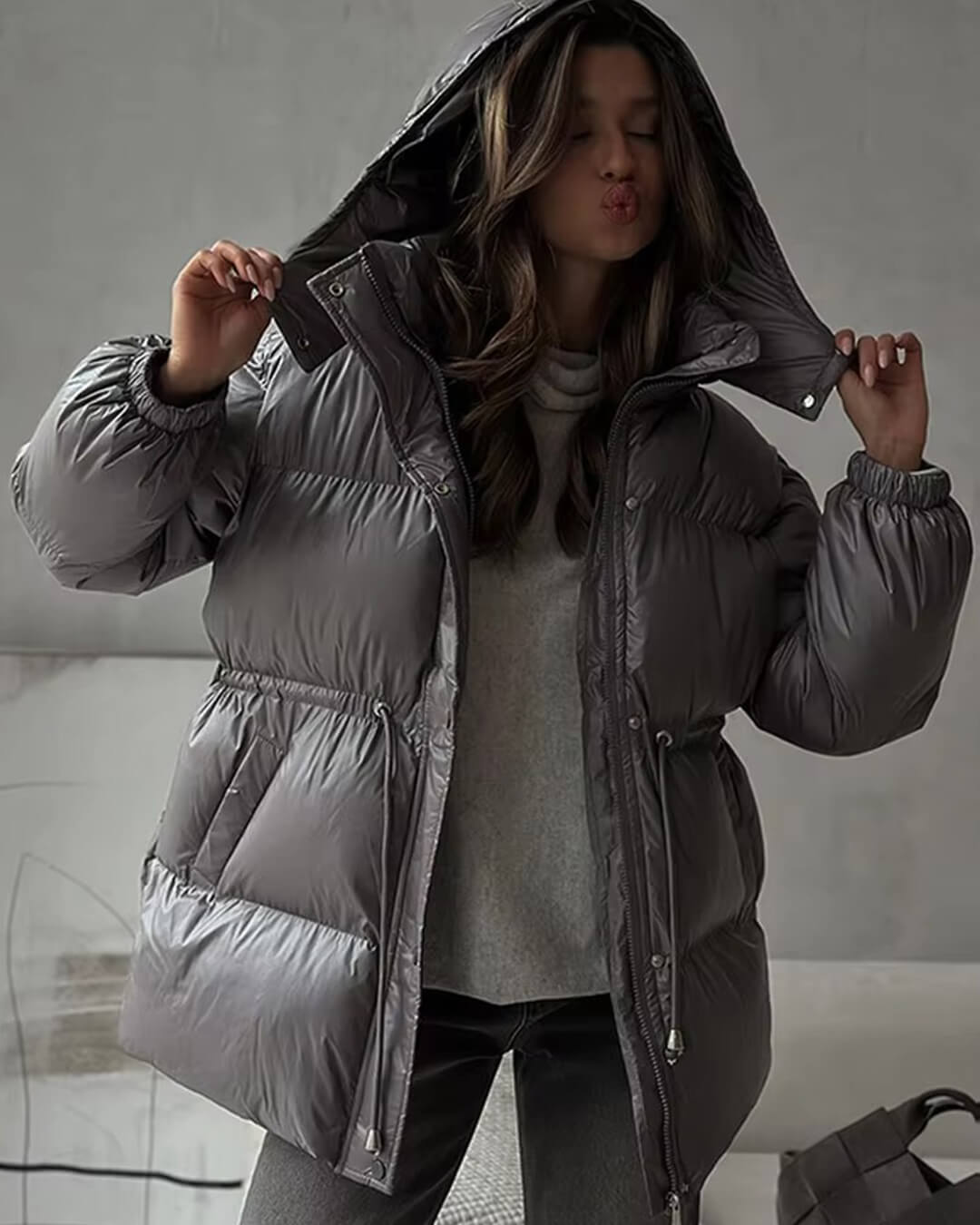 Women's Glossy Drawcord Puffer Coat — Charcoal Grey