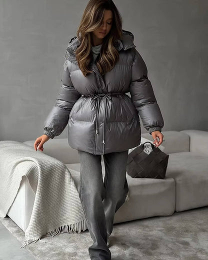 Women's Glossy Drawcord Puffer Coat — Brown