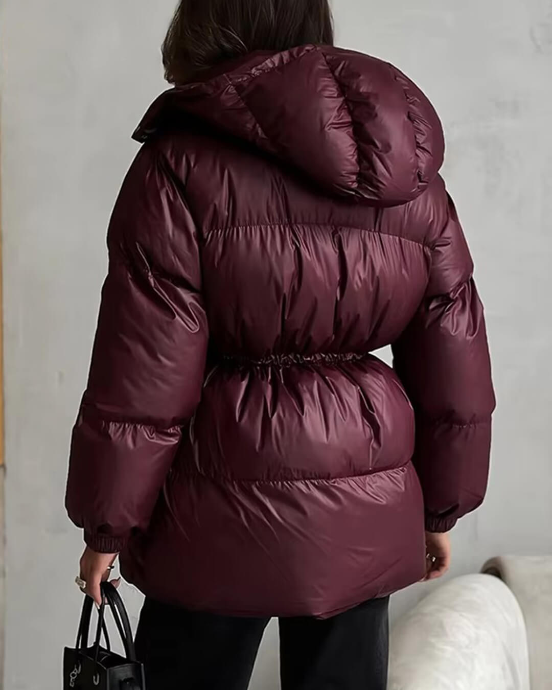 Women's Glossy Drawcord Puffer Coat — Bordeaux Red